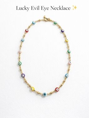 Colorful Evil Eye Necklace Gold Tone Beaded Chain Protection 18”